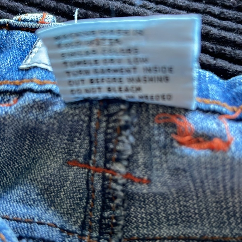 Upcycled blue jeans - hand sewn material patches -OOAK - button fly - size 9/10 - Picture 8 of 8